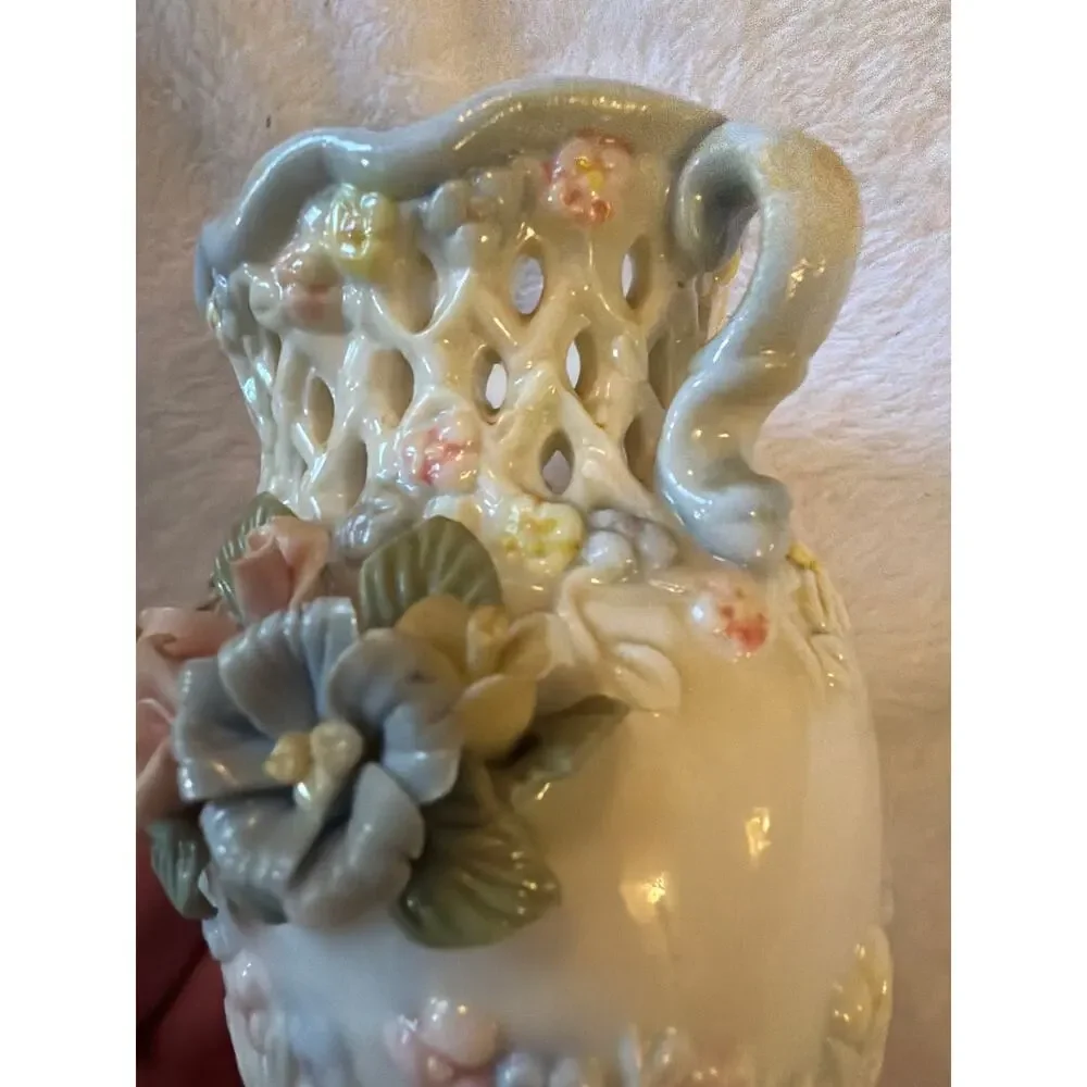 Vintage Porcelain Floral Vase Openwork Lattice Double Handle Pastel Flowers